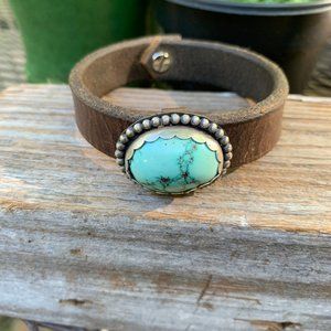 Turquoise Concho on leather bracelet